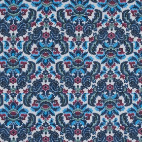Bijou Blue, Red and Green Damask Stretch Cotton Poplin Bijou Blue, Red and Green Damask Stretch Cotton Poplin