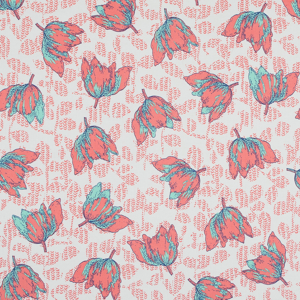 Coral and Seafoam Floral Stretch Cotton Sateen Coral and Seafoam Floral Stretch Cotton Sateen