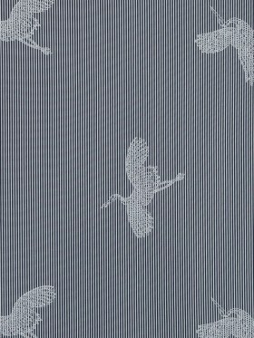 Navy and White Striped Cotton Poplin with Cranes Navy and White Striped Cotton Poplin with Cranes