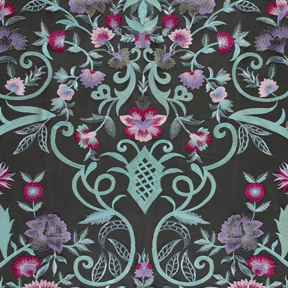 Embroidered Tulle Panel – Metallic Aqua and Fuchsia Floral Embroidered Tulle Panel – Metallic Aqua and Fuchsia Floral