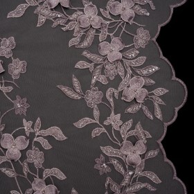 3D Embroidered Lace with Beads and Scalloped Edges – Lilac Floral 3D Embroidered Lace with Beads and Scalloped Edges – Lilac Floral