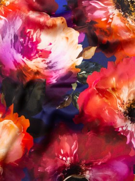 Mood Exclusive Italian Pink, Orange and Blue Painterly Floral Digitally Printed Silk Charmeuse Mood Exclusive Italian Pink, Orange and Blue Painterly Floral Digitally Printed Silk Charmeuse