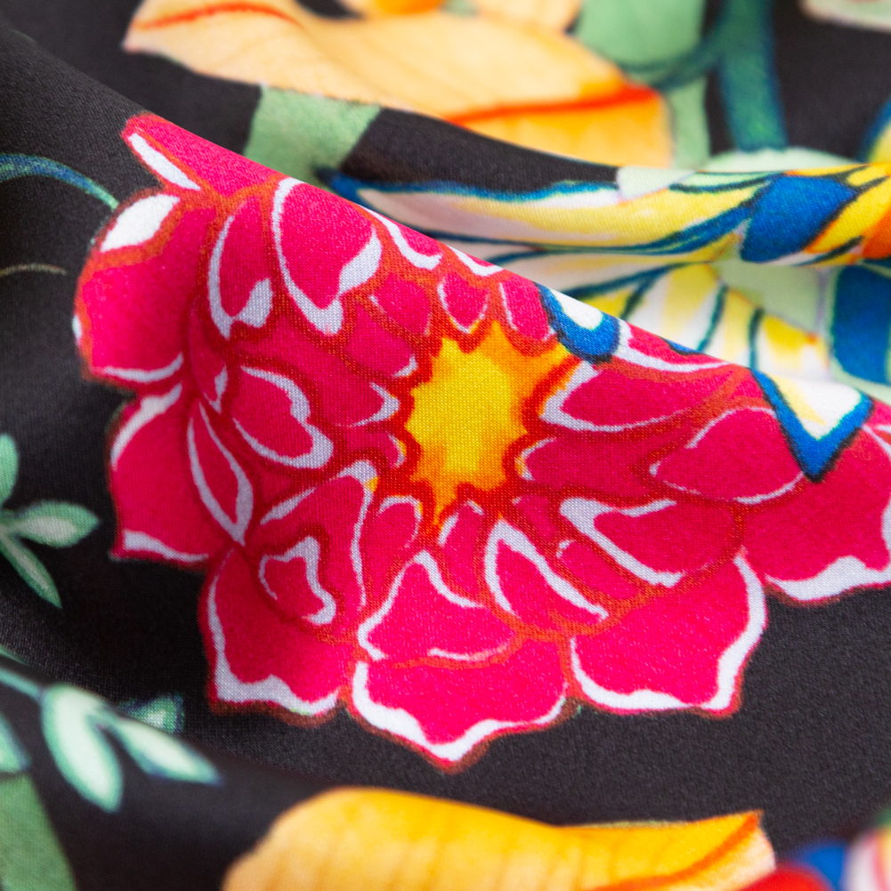Mood Exclusive Italian Black, Green and Tangerine Floral Digitally Printed Silk Charmeuse Mood Exclusive Italian Black, Green and Tangerine Floral Digitally Printed Silk Charmeuse