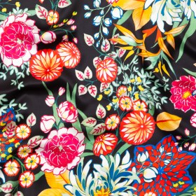 Mood Exclusive Italian Black, Green and Tangerine Floral Digitally Printed Silk Charmeuse Mood Exclusive Italian Black, Green and Tangerine Floral Digitally Printed Silk Charmeuse