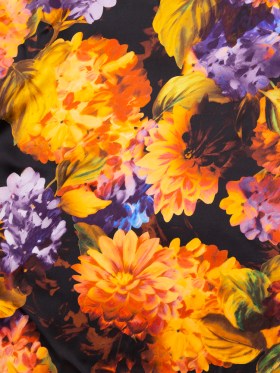 Mood Exclusive Italian Jaffa Orange, Moss and Grape Royale Painterly Floral Digitally Printed Silk Charmeuse Mood Exclusive Italian Jaffa Orange, Moss and Grape Royale Painterly Floral Digitally Printed Silk Charmeuse