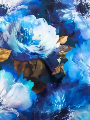 Mood Exclusive Italian Peacoat and Gray Mist Painterly Floral Digitally Printed Silk Charmeuse Mood Exclusive Italian Peacoat and Gray Mist Painterly Floral Digitally Printed Silk Charmeuse