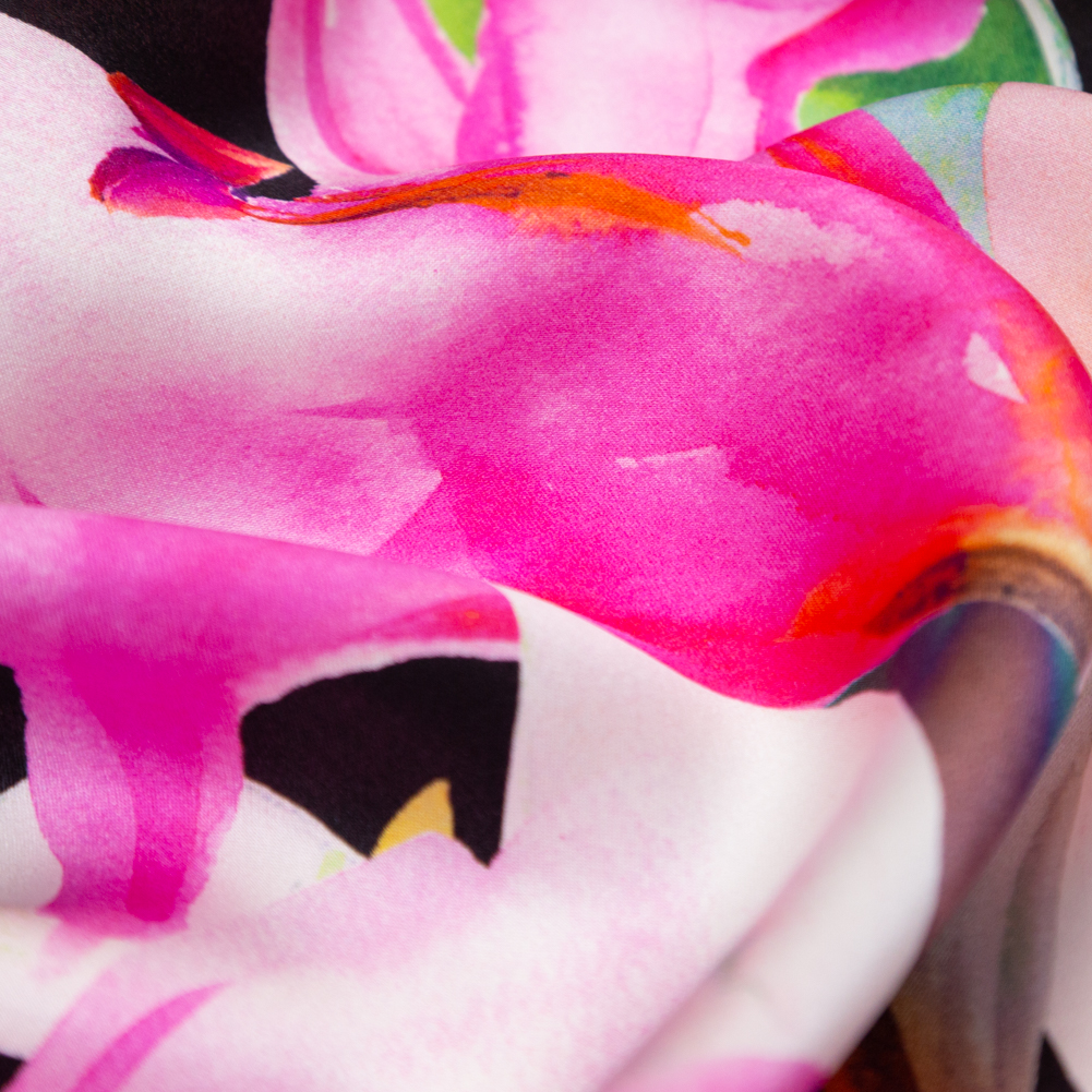 Mood Exclusive Italian Pink and Black Watercolor Floral Digitally Printed Silk Charmeuse