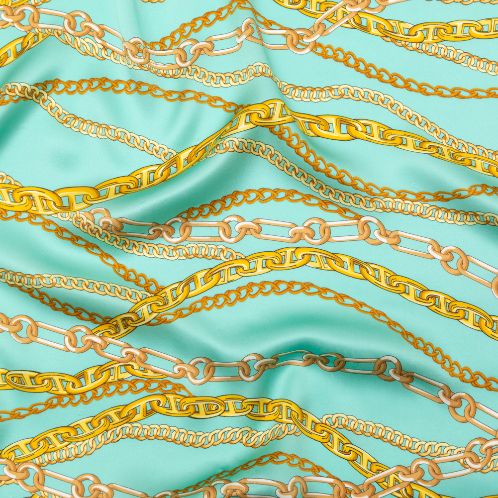 Mood Exclusive Italian Teal and Gold Chains Digitally Printed Silk Charmeuse Mood Exclusive Italian Teal and Gold Chains Digitally Printed Silk Charmeuse