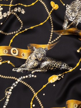 Mood Exclusive Italian Black and Gold Cheetahs and Gems Silk Charmeuse Mood Exclusive Italian Black and Gold Cheetahs and Gems Silk Charmeuse