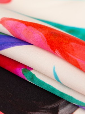 Mood Exclusive Italian Pale Beige, Pink and Purple Floral Digitally Printed Silk Charmeuse Mood Exclusive Italian Pale Beige, Pink and Purple Floral Digitally Printed Silk Charmeuse