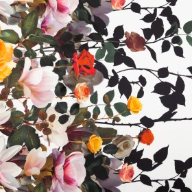 Mood Exclusive Italian Black, White and Golden Poppy Floral Border Digitally Printed Silk Charmeuse Mood Exclusive Italian Black, White and Golden Poppy Floral Border Digitally Printed Silk Charmeuse
