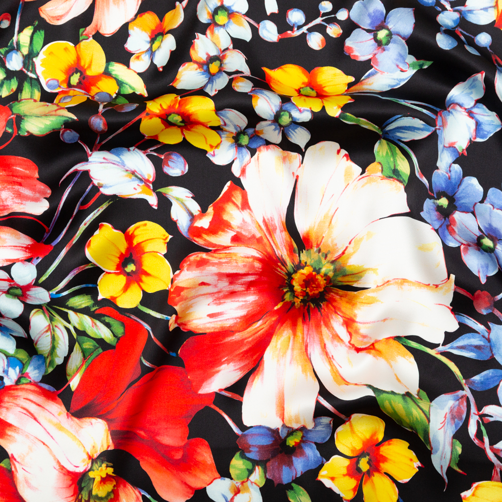 Mood Exclusive Italian Black Silk Charmeuse with Central Digitally Printed Florals Mood Exclusive Italian Black Silk Charmeuse with Central Digitally Printed Florals