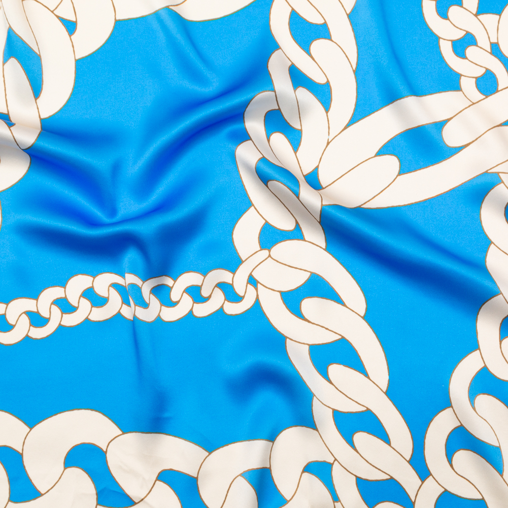 Mood Exclusive Italian Cerulean Blue and Almond Milk Large Chains Digitally Printed Silk Charmeuse Mood Exclusive Italian Cerulean Blue and Almond Milk Large Chains Digitally Printed Silk Charmeuse