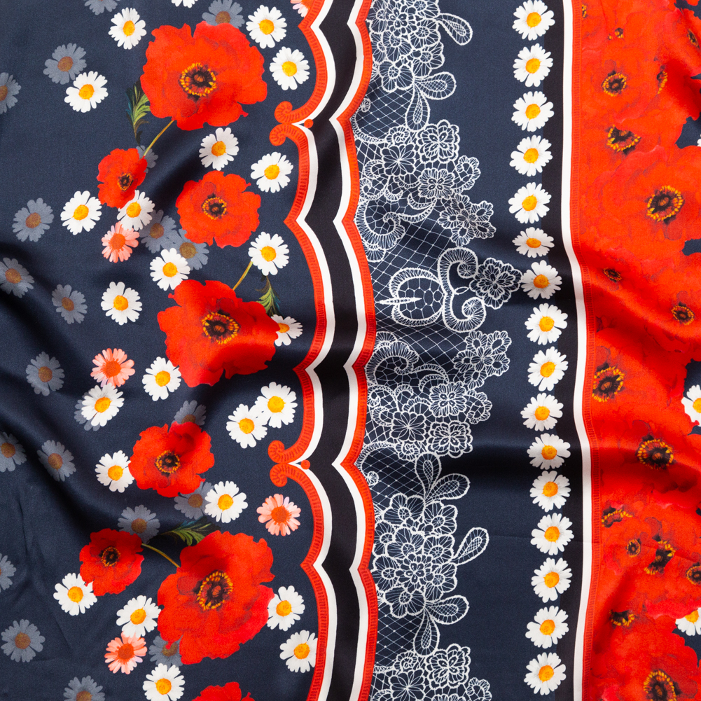 Mood Exclusive Italian Navy, Red and Gray Floral Border Digitally Printed Silk Charmeuse Mood Exclusive Italian Navy, Red and Gray Floral Border Digitally Printed Silk Charmeuse