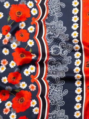 Mood Exclusive Italian Navy, Red and Gray Floral Border Digitally Printed Silk Charmeuse Mood Exclusive Italian Navy, Red and Gray Floral Border Digitally Printed Silk Charmeuse