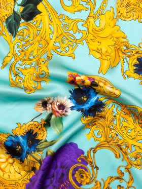 Mood Exclusive Italian Turquoise and Gold Ornate Floral Digitally Printed Silk Charmeuse Mood Exclusive Italian Turquoise and Gold Ornate Floral Digitally Printed Silk Charmeuse