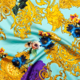 Mood Exclusive Italian Turquoise and Gold Ornate Floral Digitally Printed Silk Charmeuse Mood Exclusive Italian Turquoise and Gold Ornate Floral Digitally Printed Silk Charmeuse