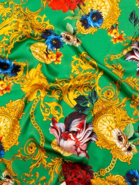 Mood Exclusive Italian Kelly Green and Gold Ornate Floral Digitally Printed Silk Charmeuse Mood Exclusive Italian Kelly Green and Gold Ornate Floral Digitally Printed Silk Charmeuse