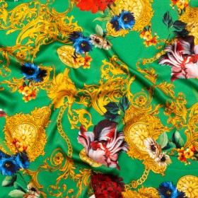 Mood Exclusive Italian Kelly Green and Gold Ornate Floral Digitally Printed Silk Charmeuse Mood Exclusive Italian Kelly Green and Gold Ornate Floral Digitally Printed Silk Charmeuse