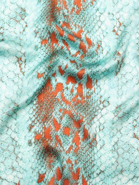 Mood Exclusive Italian Aqua and Chili Python Printed Silk Charmeuse Mood Exclusive Italian Aqua and Chili Python Printed Silk Charmeuse