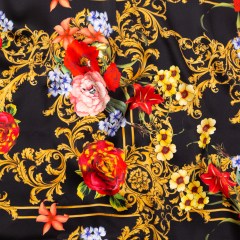 Mood Exclusive Italian Black, Faded Rose and Harvest Gold Ornate Floral Digitally Printed Silk Charmeuse Mood Exclusive Italian Black, Faded Rose and Harvest Gold Ornate Floral Digitally Printed Silk Charmeuse