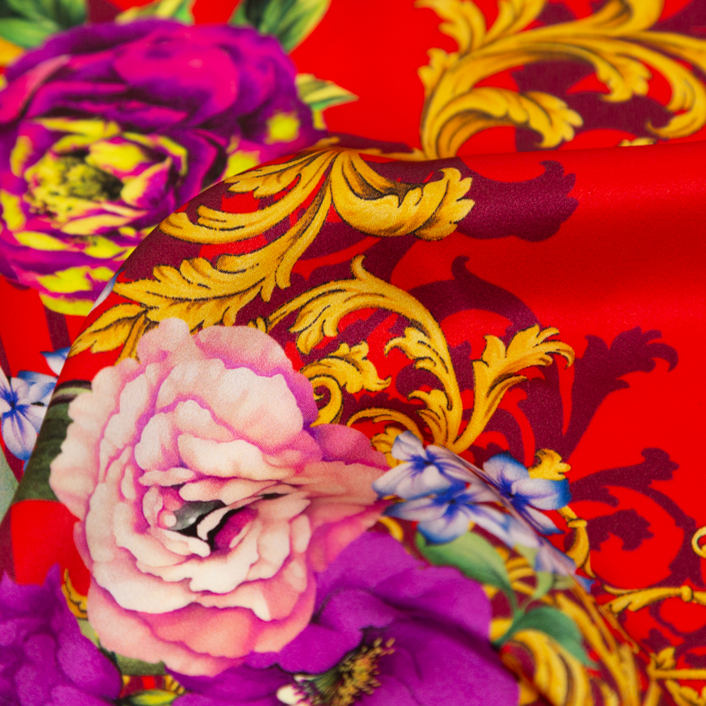 Mood Exclusive Italian Red, Gold and Purple Ornate Floral Digitally Printed Silk Charmeuse Mood Exclusive Italian Red, Gold and Purple Ornate Floral Digitally Printed Silk Charmeuse