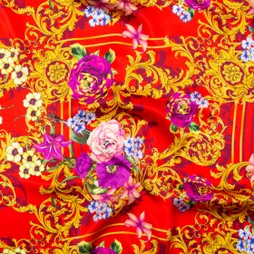 Mood Exclusive Italian Red, Gold and Purple Ornate Floral Digitally Printed Silk Charmeuse Mood Exclusive Italian Red, Gold and Purple Ornate Floral Digitally Printed Silk Charmeuse