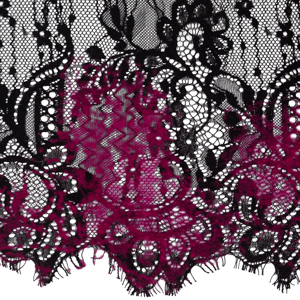 Italian Black and Magenta Flocked Lace Trim – 8″ Italian Black and Magenta Flocked Lace Trim – 8″