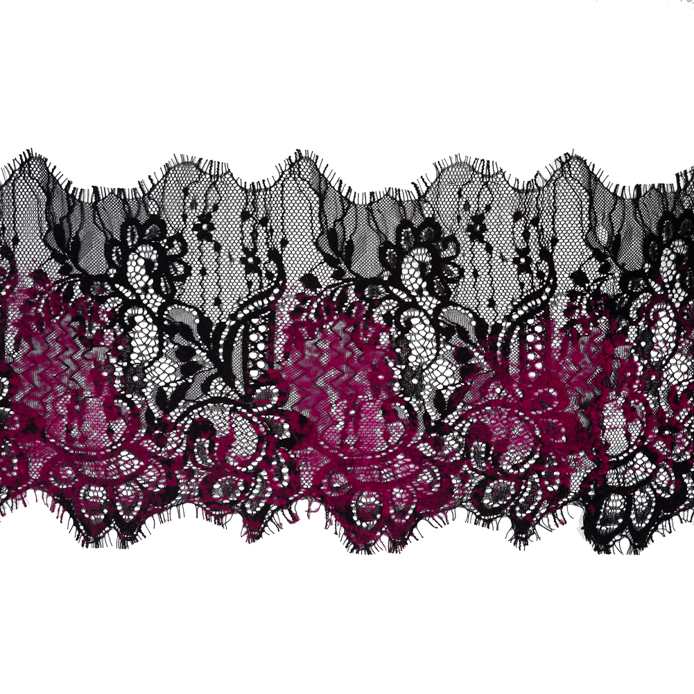 Italian Black and Magenta Flocked Lace Trim – 8″ Italian Black and Magenta Flocked Lace Trim – 8″