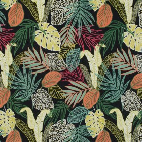 Stretch Cotton Sateen – Black and Green Leaves – Tropikaj Lumoj Print – Mood Exclusive Avenable Collection Stretch Cotton Sateen – Black and Green Leaves – Tropikaj Lumoj Print – Mood Exclusive Avenable Collection