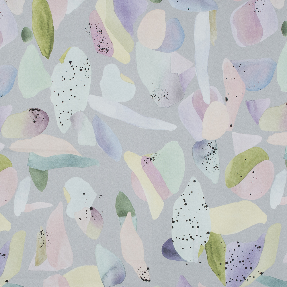 Stretch Cotton Sateen – Silver and Multicolor Abstract Spots – Dappled Duende Print – Mood Exclusive Avenable Collection Stretch Cotton Sateen – Silver and Multicolor Abstract Spots – Dappled Duende Print – Mood Exclusive Avenable Collection