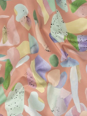 Stretch Cotton Sateen – Pink and Multicolor Abstract Spots – Dappled Duende Print – Mood Exclusive Avenable Collection Stretch Cotton Sateen – Pink and Multicolor Abstract Spots – Dappled Duende Print – Mood Exclusive Avenable Collection