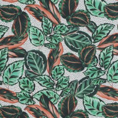 Cotton Poplin – Green and Orange Leaves and Spots – Tropical Snowglobe Print – Mood Exclusive Avenable Collection Cotton Poplin – Green and Orange Leaves and Spots – Tropical Snowglobe Print – Mood Exclusive Avenable Collection