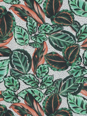 Cotton Poplin – Green and Orange Leaves and Spots – Tropical Snowglobe Print – Mood Exclusive Avenable Collection Cotton Poplin – Green and Orange Leaves and Spots – Tropical Snowglobe Print – Mood Exclusive Avenable Collection