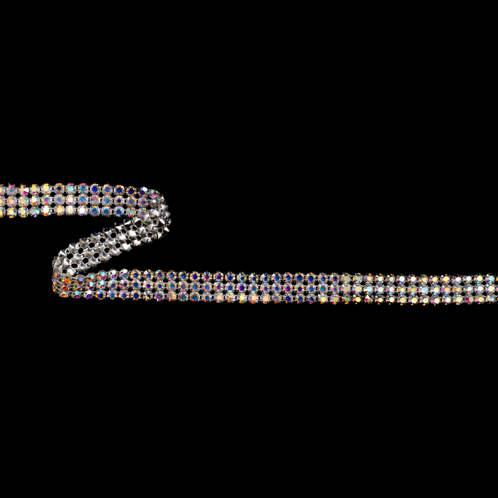 Silver and Iridescent Crystal 3-Row Rhinestone Trim – 0.625″ Silver and Iridescent Crystal 3-Row Rhinestone Trim – 0.625″