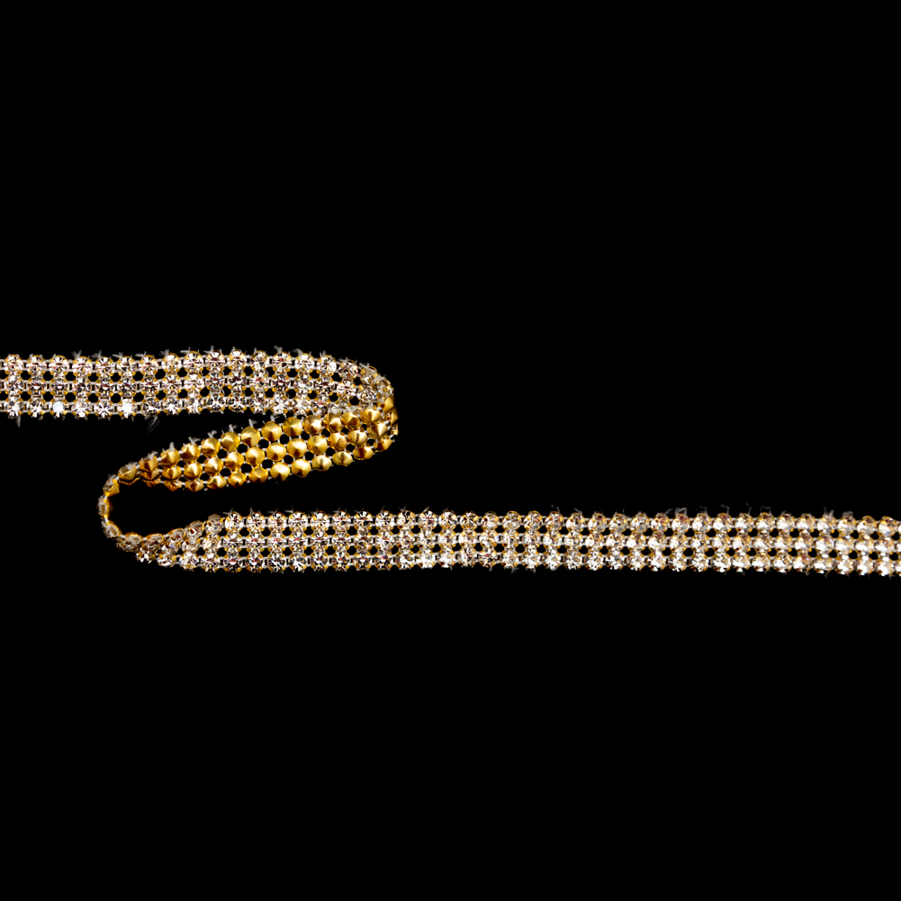 Gold and Crystal 3-Row Rhinestone Trim – 0.625″ Gold and Crystal 3-Row Rhinestone Trim – 0.625″