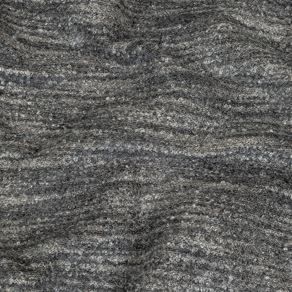 Graphite Striated Acrylic and Cotton Boucle with Tan Woven Backing Graphite Striated Acrylic and Cotton Boucle with Tan Woven Backing