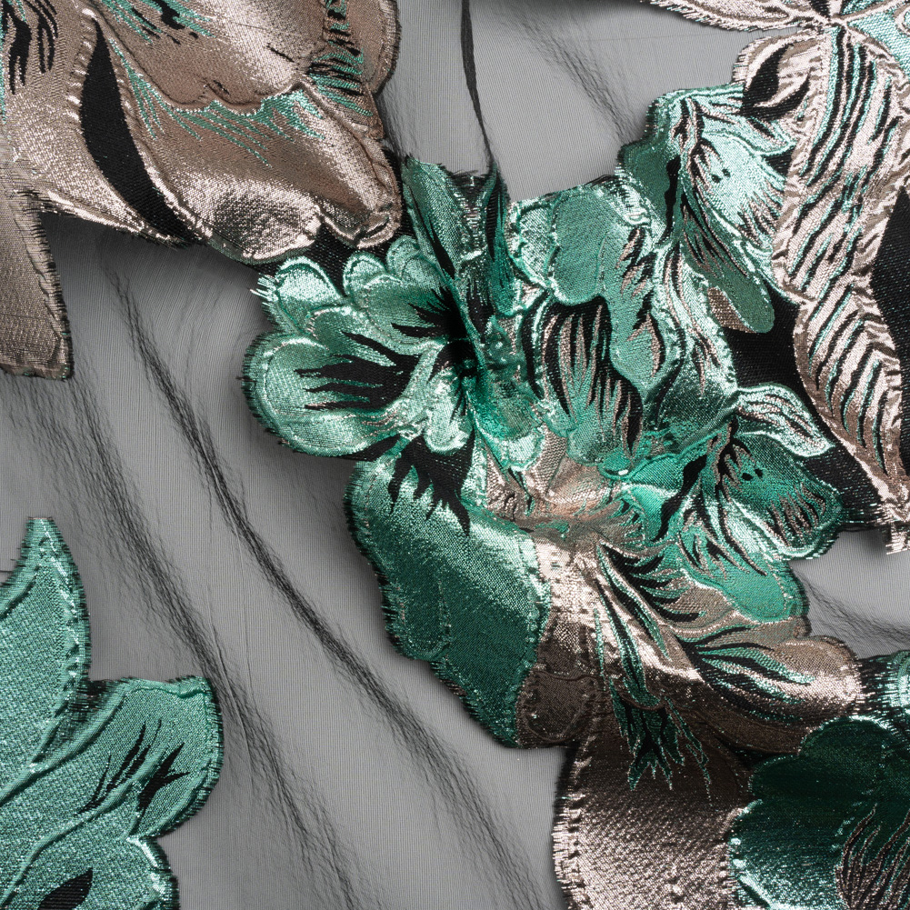 Metallic Rose Gold, Aqua and Black Fantastic Flowers Luxury Burnout Brocade Metallic Rose Gold, Aqua and Black Fantastic Flowers Luxury Burnout Brocade