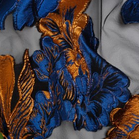 Metallic Royal Blue, Orange and Black Fantastic Flowers Luxury Burnout Brocade Metallic Royal Blue, Orange and Black Fantastic Flowers Luxury Burnout Brocade