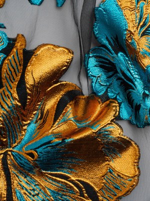 Metallic Teal, Orange and Black Fantastic Flowers Luxury Burnout Brocade Metallic Teal, Orange and Black Fantastic Flowers Luxury Burnout Brocade