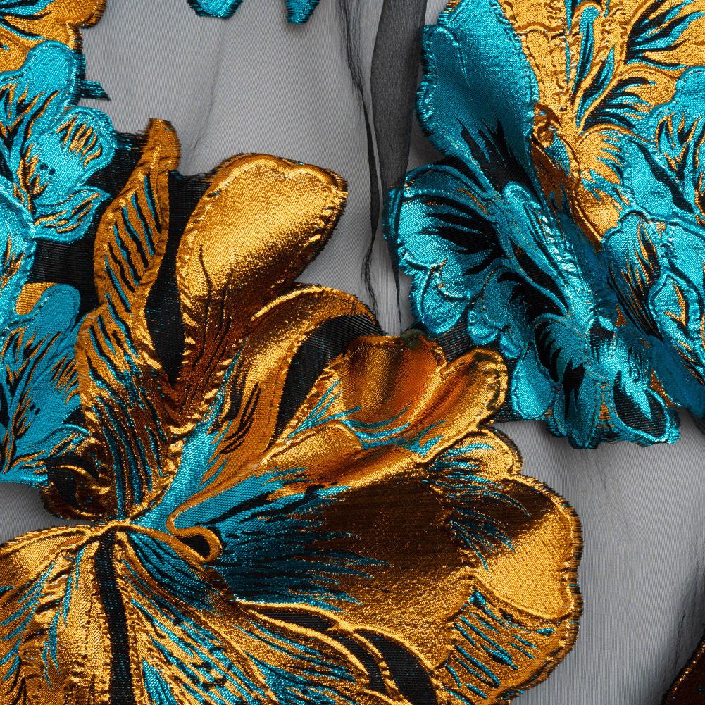 Metallic Teal, Orange and Black Fantastic Flowers Luxury Burnout Brocade Metallic Teal, Orange and Black Fantastic Flowers Luxury Burnout Brocade