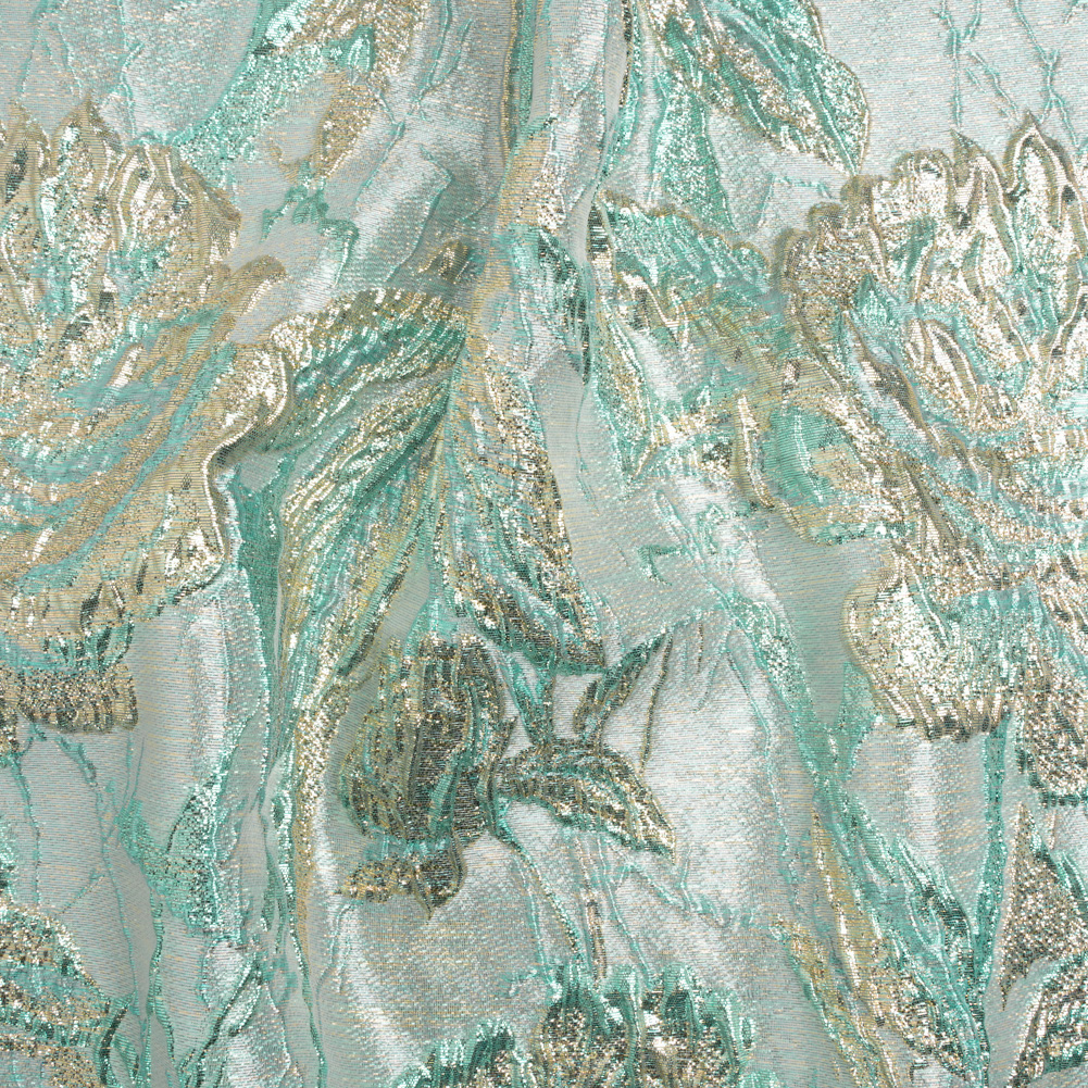 Metallic Light Blue, Gold and Aqua Radiant Roses Luxury Brocade Metallic Light Blue, Gold and Aqua Radiant Roses Luxury Brocade