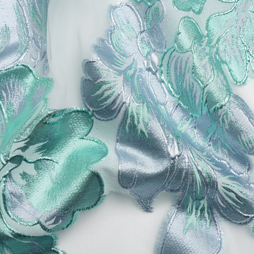 Metallic Turquoise, Baby Blue and White Floral Luxury Burnout Brocade Panel Metallic Turquoise, Baby Blue and White Floral Luxury Burnout Brocade Panel