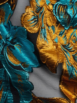 Metallic Teal, Orange and Black Floral Luxury Burnout Brocade Panel Metallic Teal, Orange and Black Floral Luxury Burnout Brocade Panel