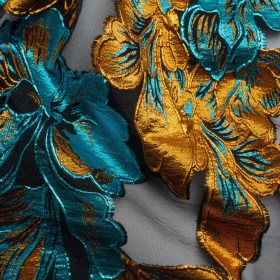 Metallic Teal, Orange and Black Floral Luxury Burnout Brocade Panel Metallic Teal, Orange and Black Floral Luxury Burnout Brocade Panel