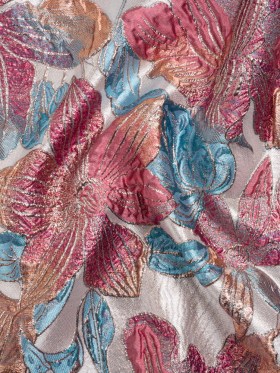 Metallic Hot Pink, Blue and Peach Blooms Luxury Brocade Metallic Hot Pink, Blue and Peach Blooms Luxury Brocade