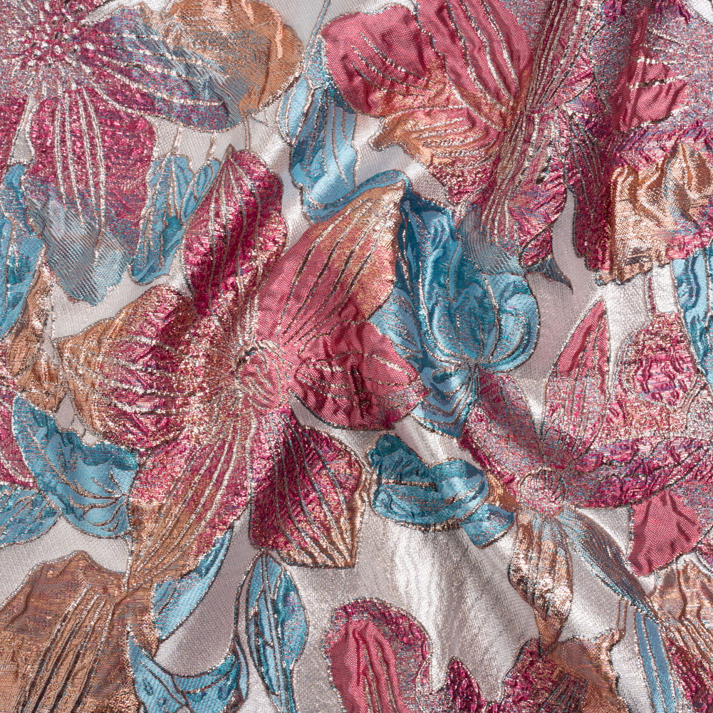 Metallic Hot Pink, Blue and Peach Blooms Luxury Brocade Metallic Hot Pink, Blue and Peach Blooms Luxury Brocade