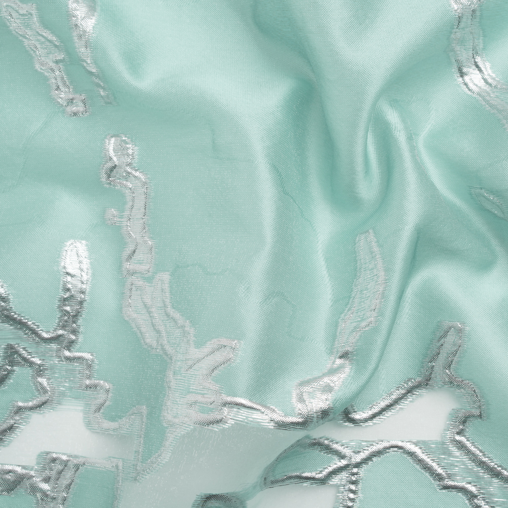 Metallic Silver and Sky Blue Abstract Embers Luxury Burnout Brocade Metallic Silver and Sky Blue Abstract Embers Luxury Burnout Brocade