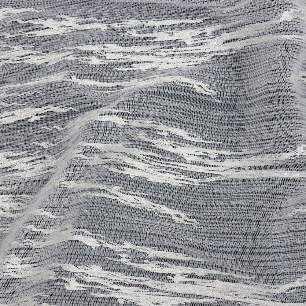 Embroidered Soft Pleated Tulle with Clear Baby Sequins – Off White Abstract – Linden Collection Embroidered Soft Pleated Tulle with Clear Baby Sequins – Off White Abstract – Linden Collection