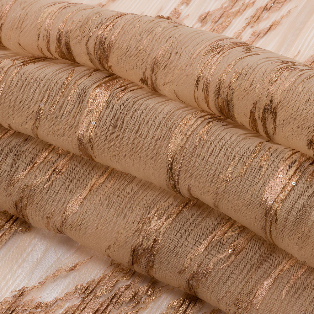 Embroidered Soft Pleated Tulle with Clear Baby Sequins – Caramel Abstract – Linden Collection Embroidered Soft Pleated Tulle with Clear Baby Sequins – Caramel Abstract – Linden Collection